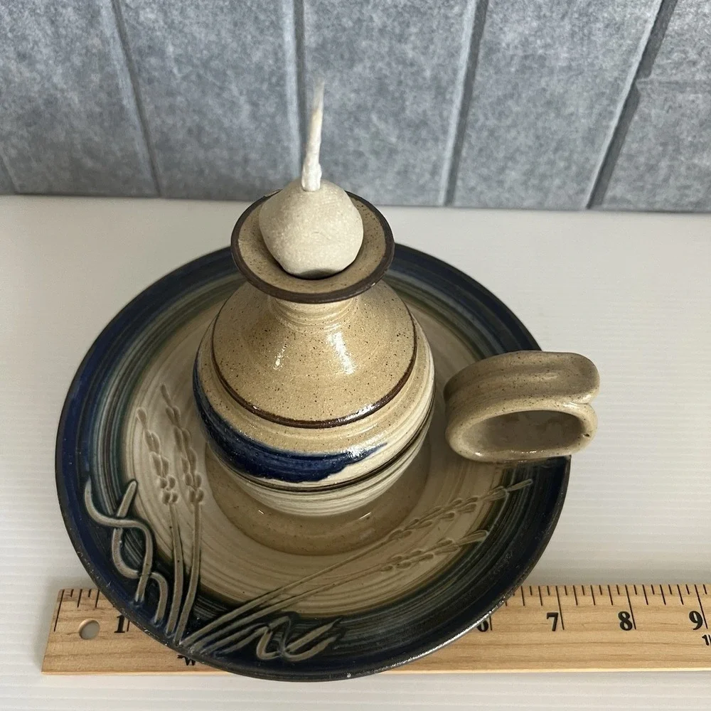 Vintage Studio Art Pottery Oil Lamp With Wick & Ball Candle Holder Signed
